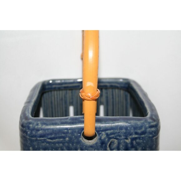 Parmentier Pottery Ceramic Basket Blue With Bamboo Handle - Picture 3 of 8
